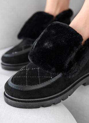 Туфли лоферы на меху полуботинки женские на полную ногу черные 38