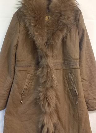 Куртка полу пальто эко кожаная бежевая утепленная 44 46