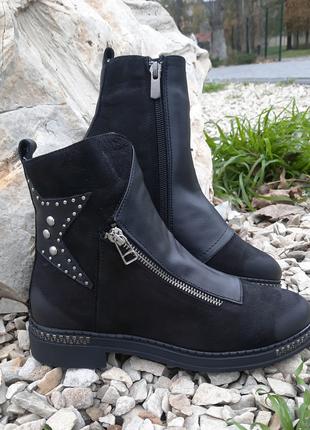 Демисезонные ботинки женские кожаные удобные черные со звездам...
