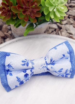 Детский галстук бабочка голубой цветочный принт BW cotton