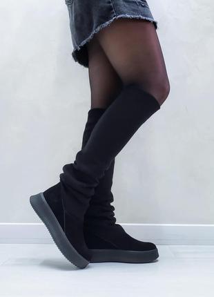 Жіночі зимові чоботи ботфорти замшеві з трикотажним панчохом ч...
