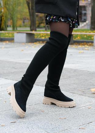 Зимові жіночі чоботи ботфорти замша з трикотажним панчохом чор...