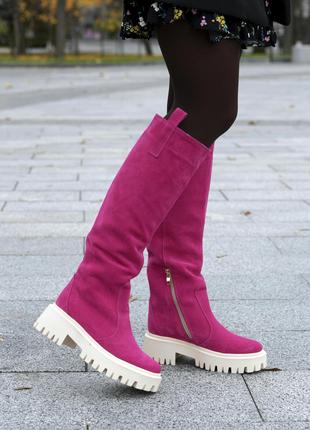 Зимові жіночі чоботи з натуральної замші європейка фуксія