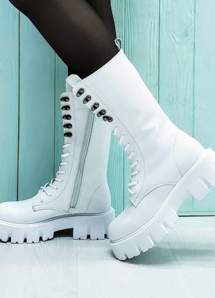 Белые ботинки кожаные женские демисезонные на шнуровке M-24