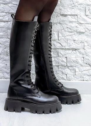 Зимние женские кожаные сапоги черные высокие ботинки на шнуров...