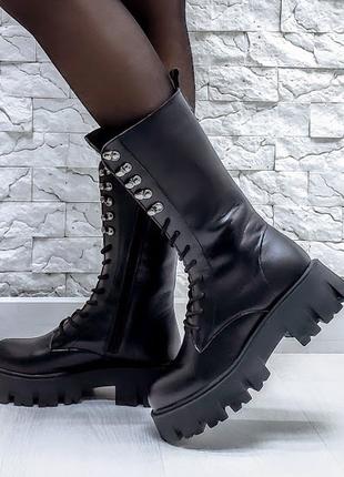 Чорні зимові жіночі шкіряні черевики на натуральному хутрі євр...