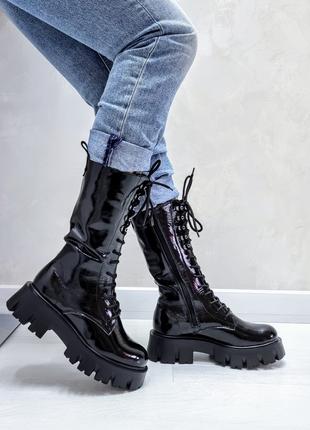 Зимові черевики жіночі лакові на масивній платформі чорні M-24