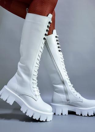 Зимние белые сапоги женские кожаные ботинки на натуральном мех...