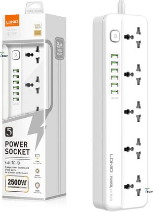 Сетевой фильтр удлинитель 5 розеток 6 USB 2м с защитой Ldnio 2...