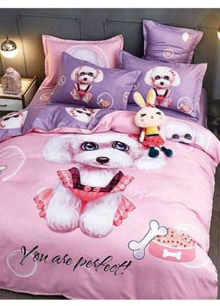 Детское постельное белье полуторное с собаками розовый, фиолет...