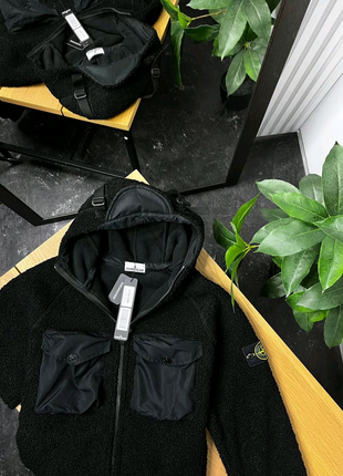 Stone Island black cotton pile hooded zip-up