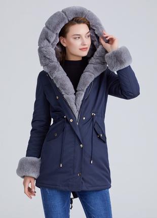 Зимова жіноча синя куртка парка з хутром