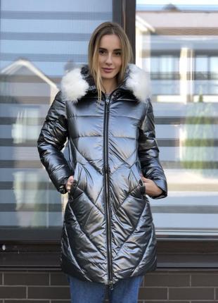 Женская зимняя куртка длинная блестящая темное серебро