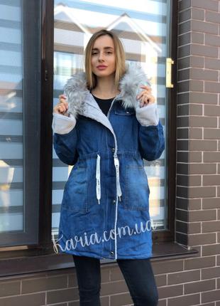 Зимова жіноча джинсова куртка парка з хутром