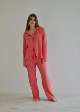 Муслиновая пижама штаны и рубашка S-M розовый