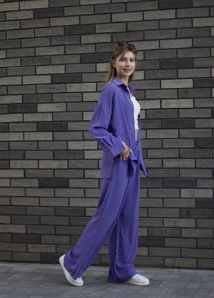 Муслиновый костюм рубашка и свободные штаны M-L фиолетовый