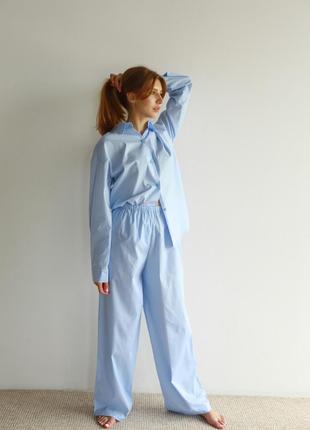 Котоновая женская пижама в полоску штаны и рубашка M-L голубая