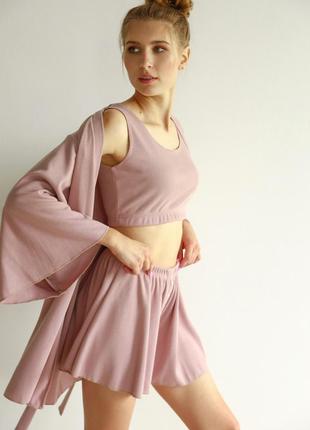 Пижама женская трикотаж 3в1 халат топ и шорты S-M бежевая