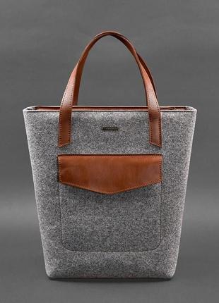 Фетровая женская сумка шоппер с кожаными коричневыми вставками...