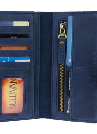 Мужской кожаный кошелек лонгер купюрник из натуральной кожи синий