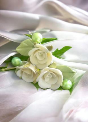 Свадебные шпильки с розами цвета айвори из полимерной глины и ...