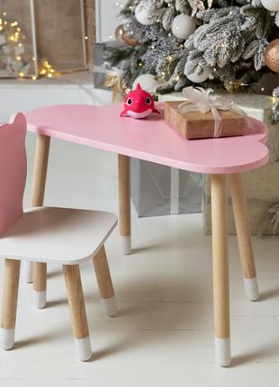 Детский столик тучка и стульчик медвежонок розовые с белым сид...