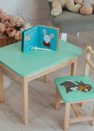 Детский стол с ящиком и стул зеленый Зайчик . Для учебы, рисов...