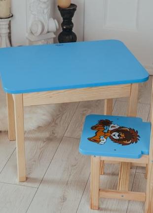 Детский голубой столик с ящиком и стул Львенок. Столик для игр...