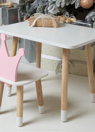 Детский белый прямоугольный столик и стульчик корона розовая. ...