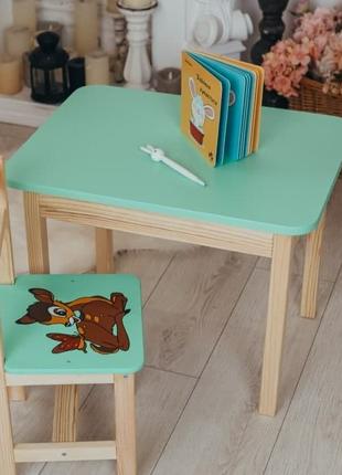 Стол с ящиком и стул зеленый детский Олененок. Для учебы, рисо...