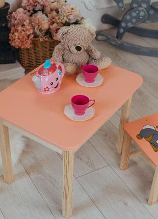 Детский розовый столик с ящиком и стульчик Зайчик. Стол для иг...