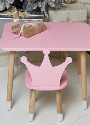 Розовый прямоугольный столик и стульчик детский корона. Розовы...