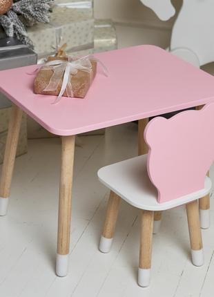 Розовый прямоугольный столик и стульчик детский ведмежонок с б...