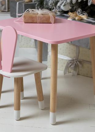 Розовый прямоугольный столик и стульчик детский зайка с белым ...