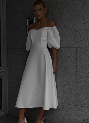 Вечернее белое платье миди, платье с открытыми плечами
