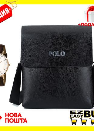 Акція! Чоловіча сумка Polo Leather+ Годинник в Подарунок! Чорний