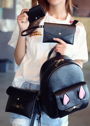Шикарный набор "Зайка" черного цвета: рюкзак, сумочка на цепоч...