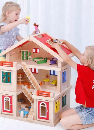 Кукольный домик - конструктор деревянный с мебелью и двумя кук...