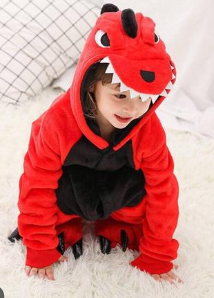 Детская пижама кигуруми Динозавр красный, тёплая детская пижам...