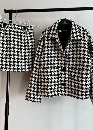 Костюм пиджак+юбка "гусиная лапка крупная черно-белая"