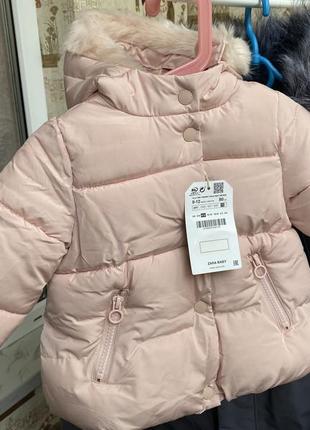 Зимняя куртка zara baby, розовая, для девочек 80см, 9-12 месяцев
