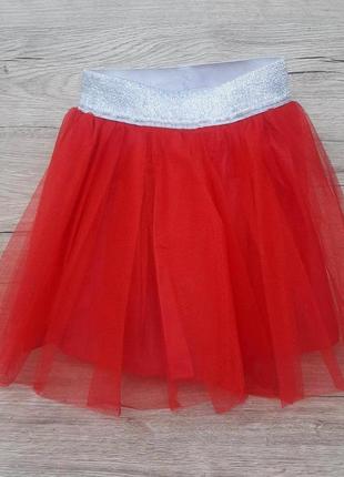 Стильная детская фатиновая юбка с блестящим поясом Красная р. S