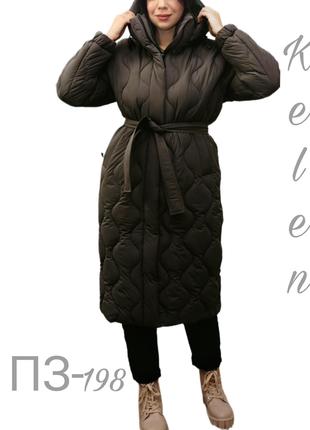 Зимове стильне пальто з поясом / колір чорний / розміри М (46-...