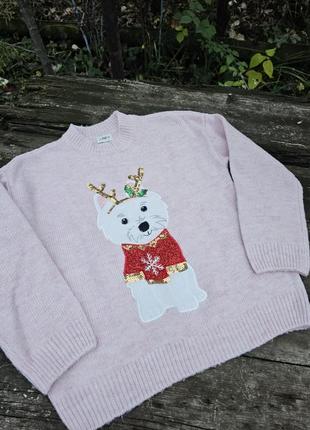 Новогодний свитер на девочку, свитер с собачкой, розовый свите...