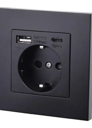 Розетка Coswall с USB и Type-C портами для зарядки чорная пластик