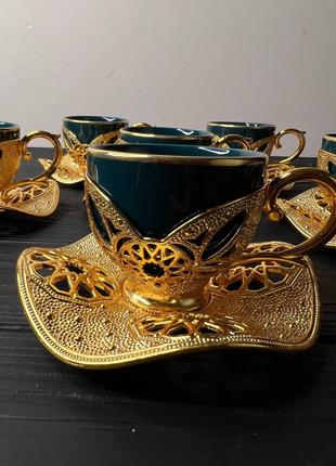 Набір турецьких чашок для кави та чаю 6 шт Золото (Чашки Зеленый]