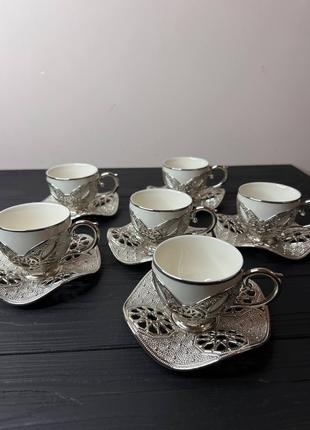 Набір турецьких чашок для кави та чаю 6 шт Срібло (Чашки Білі)