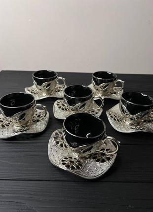 Набір турецьких чашок для кави та чаю 6 шт Срібло (Чашки Черній)