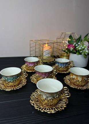 Набор турецких чашек для кофе и чая 6 шт Золото Мрамор