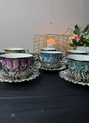 Набор турецких чашек для кофе и чая 6 шт Среребро Мрамор
